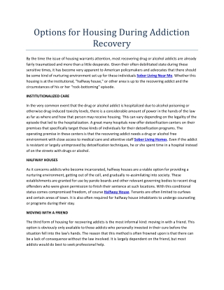 Options for Housing During Addiction Recovery