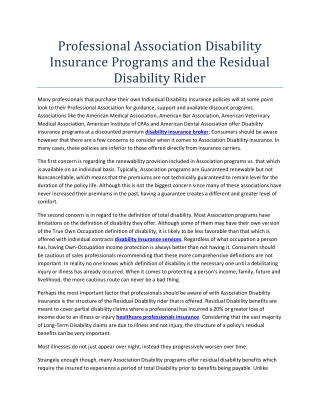 Professional Association Disability Insurance Programs and the Residual Disability Rider