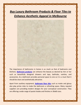 Buy Luxury Bathroom Products & Floor Tiles to Enhance Aesthetic Appeal in Melbourne