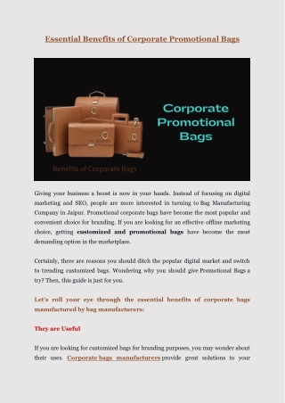 Benefits of corporate Promotional Bags