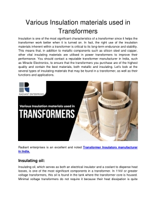 Radiant enterprises - Various Insulation materials used in Transformers.
