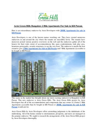 Arsis Green Hills Bangalore 2 Bhk Apartments For Sale in KR Puram