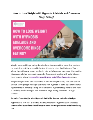 How to Lose Weight with Hypnosis Adelaide and Overcome Binge Eating?