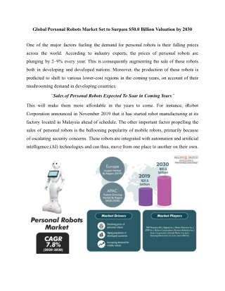 Personal Robots Market Size, Status, Top Players, Trends in Upcoming Years