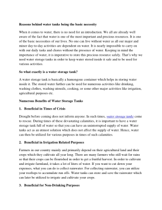 REASONS BEHIND WATER TANKS BEING THE BASIC NECESSITY