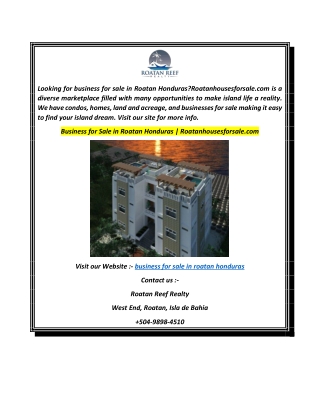 Business for Sale in Roatan Honduras  Roatanhousesforsale.com