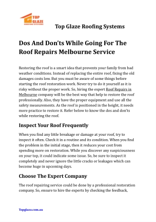 Dos And Don’ts While Going For The Roof Repairs Melbourne Service