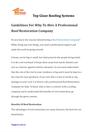 Guidelines For Why To Hire A Professional Roof Restoration Company