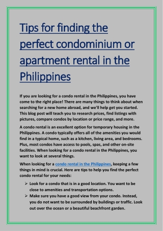 Tips for finding the perfect condominium or apartment rental in the Philippines