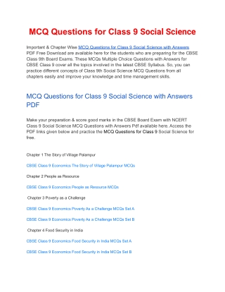 MCQs Class 9 Social Science with Answers PDF Download