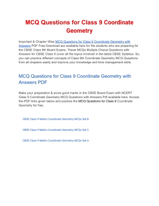 MCQs Class 9 Coordinate Geometry with Answers PDF Download