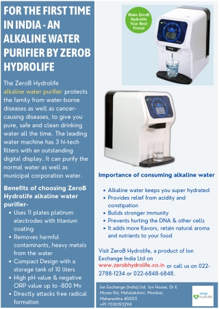 For the First Time in India - An Alkaline Water Purifier by ZeroB Hydrolife