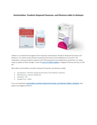 emtricitabine, tenofovir disoproxil fumarate, and efavirenz tablet in Malaysia
