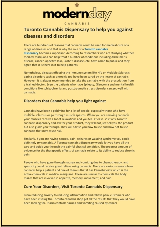Toronto Cannabis Dispensary to help you against diseases and disorders