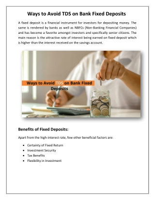 Ways to Avoid TDS on Bank Fixed Deposits by ChoksiTax