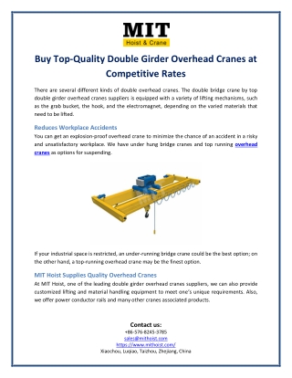 Buy Top-Quality Double Girder Overhead Cranes at Competitive Rates