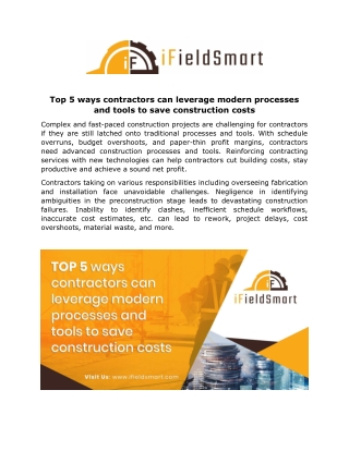 Top 5 ways contractors can leverage modern processes and tools to save construction costs