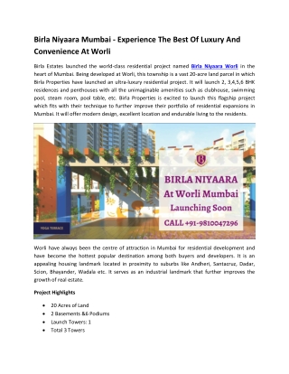 Birla Niyaara Mumbai - Experience The Best Of Luxury And Convenience At Worli