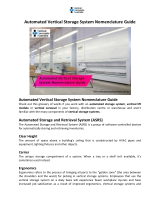 Automated Vertical Storage System Nomenclature Guide