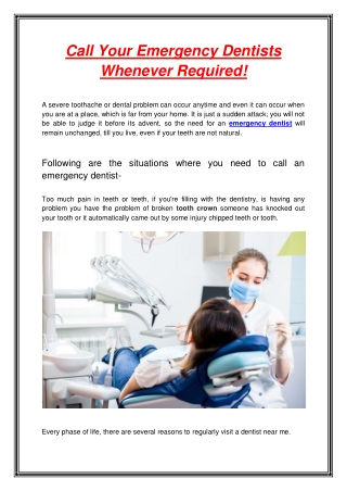 Call Your Emergency Dentists Whenever Required