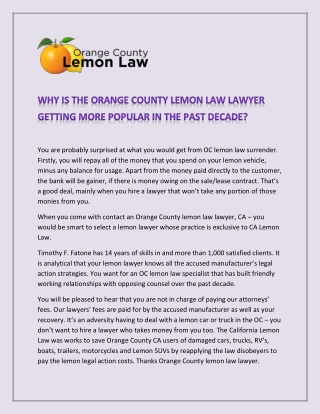 Why is the Orange County lemon law lawyer getting more popular in the past decade