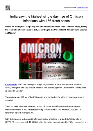 India saw the highest single day rise of Omicron infections with 156 fresh cases