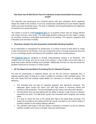 How Does Use Of Belt-Driven Fans For Industries Create Comfortable Environment I