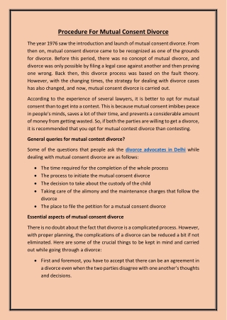 Procedure For Mutual Consent Divorce