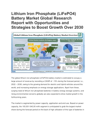 Lithium Iron Phosphate Battery Market Growth, Demand, And Forecast By 2030