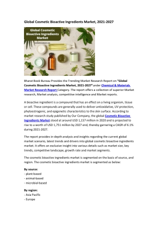 Global Cosmetic Bioactive Ingredients Market, 2021-2027