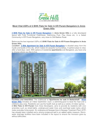 Most Vital USPs of 2 BHK Flats for Sale in KR Puram Bangalore in Arsis Green Hills