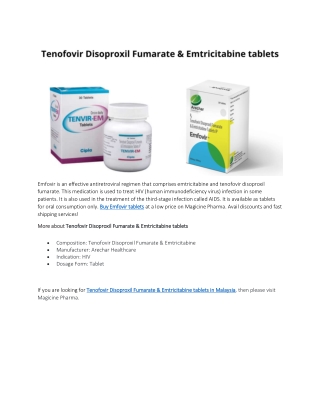 Tenofovir Disoproxil Fumarate & Emtricitabine tablets in Malaysia