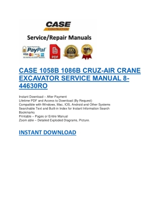 CASE 1058B 1086B CRUZ-AIR CRANE EXCAVATOR SERVICE MANUAL 8-44630RO