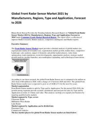 Global Front Radar Sensor Market 2021 by Manufacturers, Regions, Type and Application, Forecast to 2026-converted