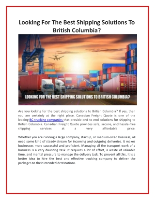 Looking For The Best Shipping Solutions To British Columbia