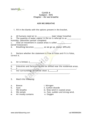 Air We Breathe – EVS Worksheet for CBSE Class 4 With Answers