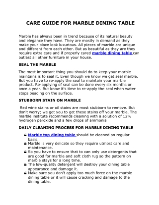 CARE GUIDE FOR MARBLE DINING TABLE