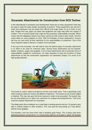 Excavator Attachments for Construction from DCS Techno