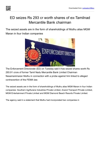 ED seizes Rs 293 cr worth shares of ex-Tamilnad Mercantile Bank chairman