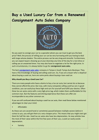 Buy a Used Luxury Car from a Renowned Consignment Auto Sales Company