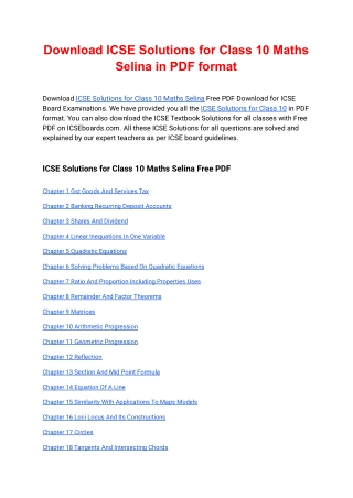 ICSE Solutions for Class 10 Maths Selina free PDF Download