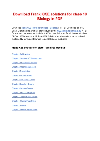 Download Frank ICSE solutions for class 10 Biology in PDF