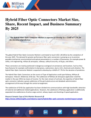 Hybrid Fiber Optic Connectors Market Demand to Escalate Noticeably By 2025