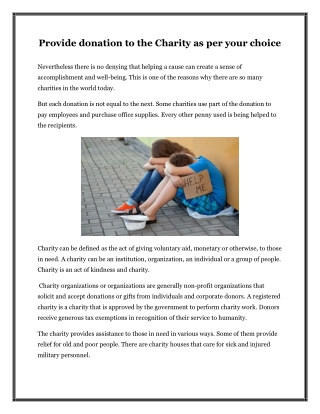 Provide donation to the Charity as per your choice