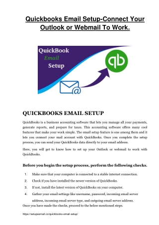 Quickbooks Email Setup-Connect Your Outlook or Webmail To Work.