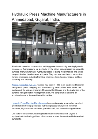Hydraulic Press Machine Manufacturers in Ahmedabad, Gujarat, India