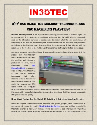 Why Use Injection Molding Technique and CNC Machining Plastics?