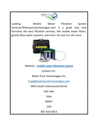 Mobile Water Filtration System Waterpuretechnologies