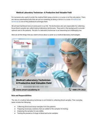 Medical Laboratory Technician- A Productive And Valuable Field