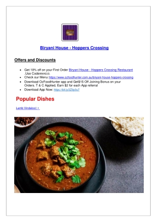 15% Off - Biryani House Hoppers Crossing Indian Menu takeaway, VIC